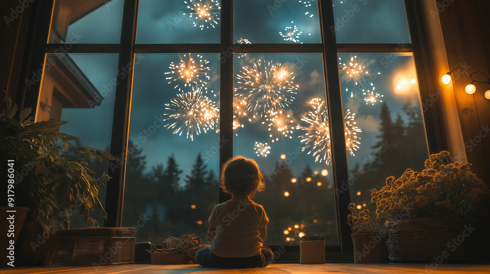 child sitting by the window, watching the fireworks, new year celebration concept, Happy New Year child sitting by the window, watching the fireworks, new year celebration concept, Happy New Year