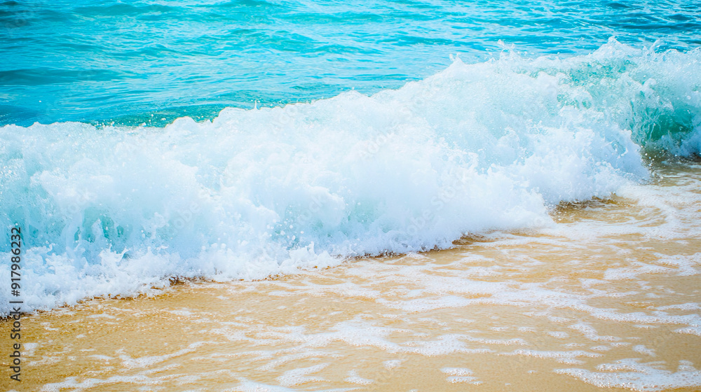 Fototapeta premium Relaxing Waves Gently Crashing on Sandy Beach at Sunrise, Creating a Calming Atmosphere of Tranquility