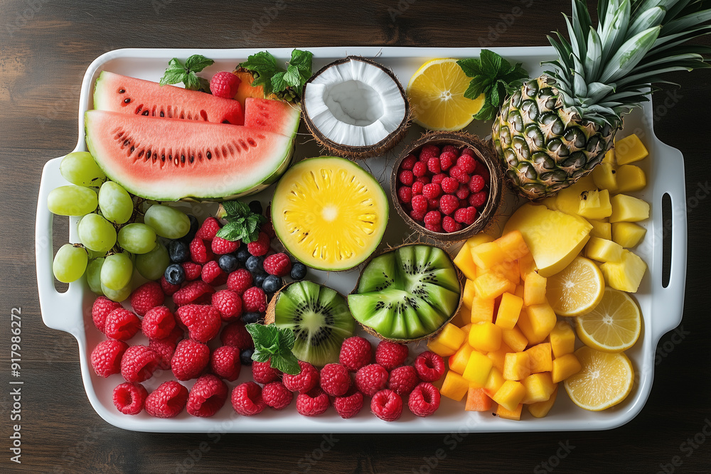 White platter overflowing with colorful, ripe, and delicious summer fruits, perfect for a healthy snack or dessert White platter overflowing with colorful, ripe, and delicious summer fruits, perfect for a healthy snack or dessert