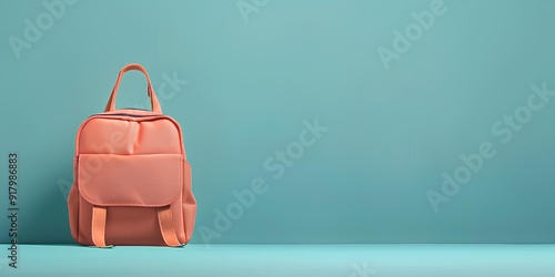 Fun and Bright Pink School Backpack on a Blue Plain Background Perfect for Back to School Campaigns, Classroom Supplies, and Customizable Educational Graphics