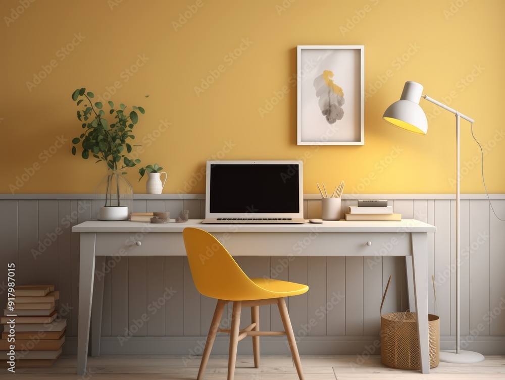 Minimalist home office with a yellow chair and lamp. Minimalist home office with a yellow chair and lamp.