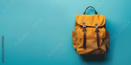 Vibrant Yellow School Backpack Against a Blue Plain Background Ideal for Back to School and Educational Themes, Featuring Ample Copy Space for Custom Text and Graphics photo