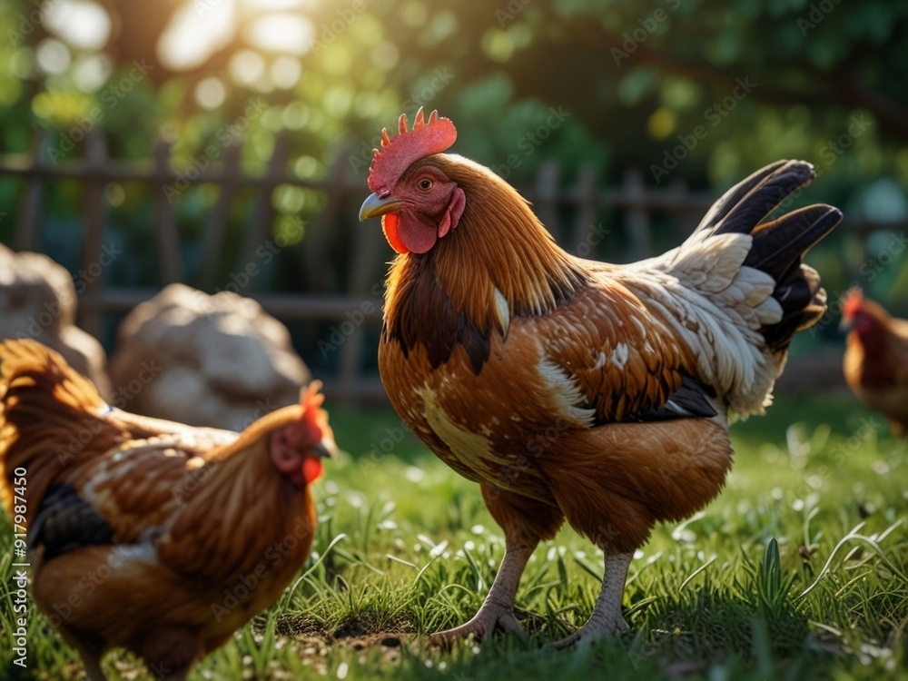 Fototapeta premium Rooster and chicken in the farm. AI generated.