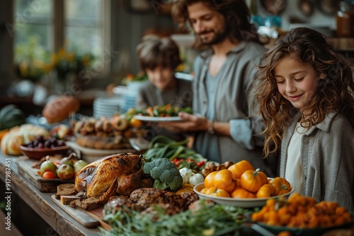 Young family looking at all the food, which they are going to take for thanksgiving.