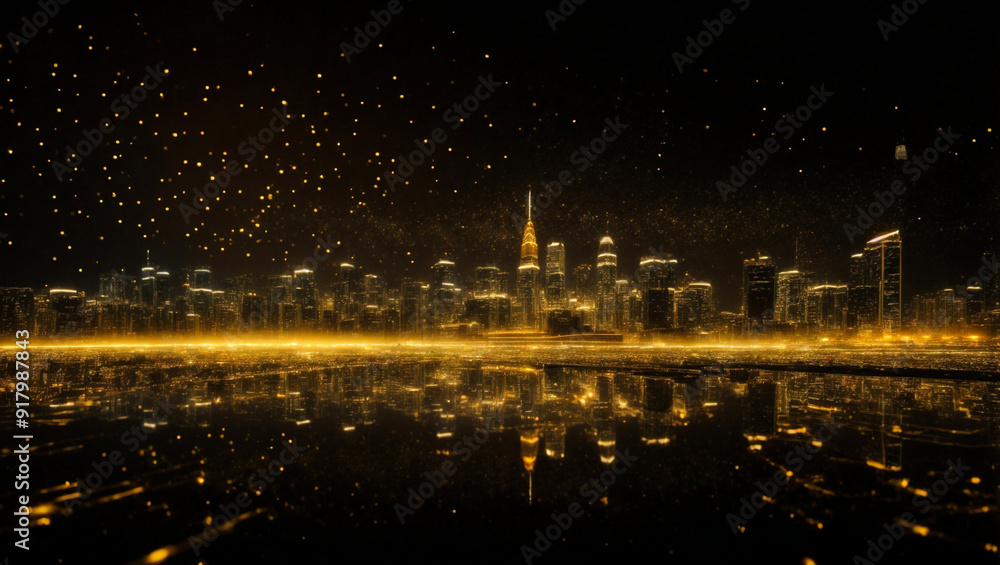 Fototapeta premium Golden Metropolis: A breathtaking cityscape shimmers under a shower of golden lights, reflected in the water below, evoking a sense of luxury and wonder. 