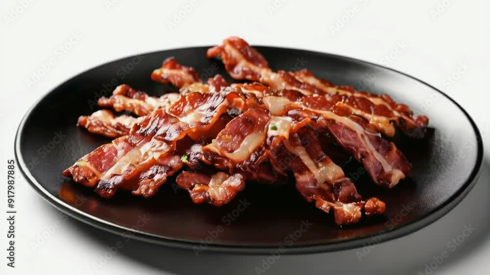 fried bacon served on a black plate isolated on a white background in detail suitable for food advertisements fried bacon served on a black plate isolated on a white background in detail suitable for food advertisements