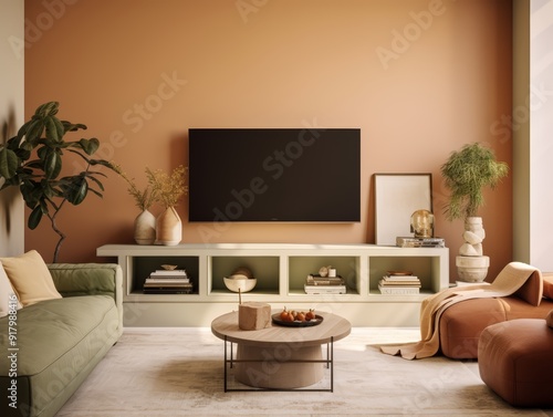 Modern living room with a flat-screen TV mounted above a white shelf unit, two sofas, a coffee table, and house plants.