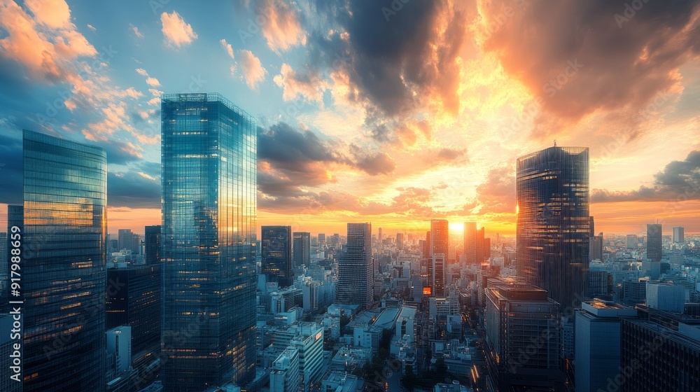 Fototapeta premium A city skyline with a beautiful sunset in the background