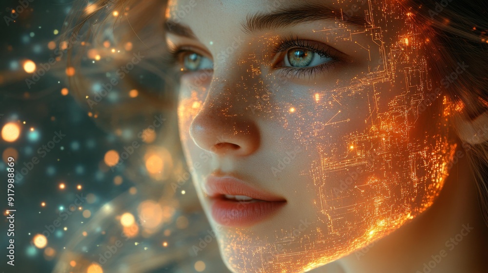 Woman with digital facial overlay - generative ai Woman with digital facial overlay - generative ai
