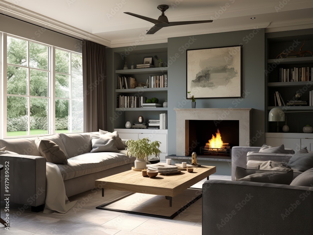 Modern living room with fireplace, couch, and bookshelves. Modern living room with fireplace, couch, and bookshelves.