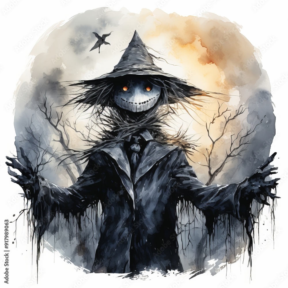 Fototapeta premium Terrifying Scarecrow with a Wicked Grin Standing in a Haunted Field, Eerie Halloween Watercolor Art