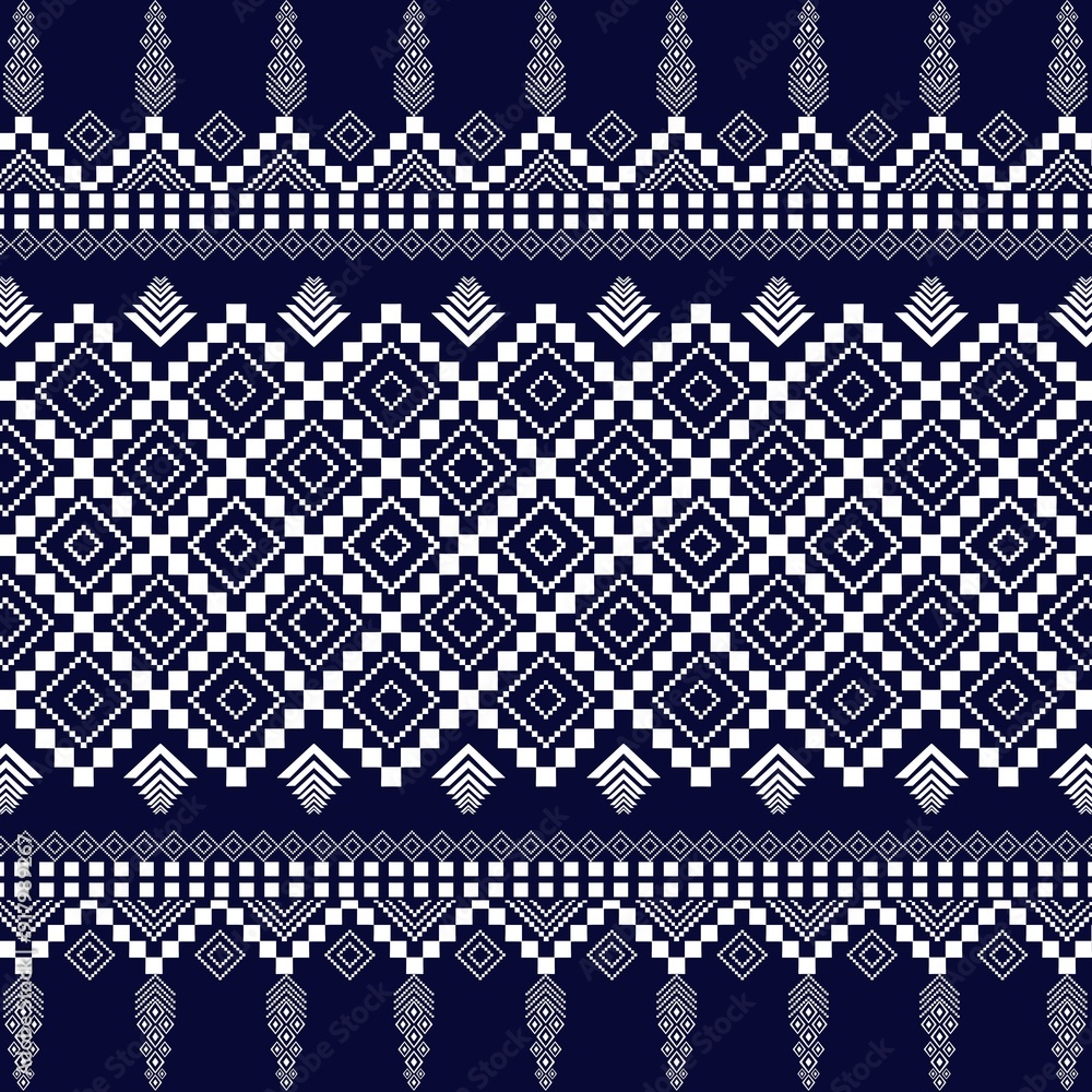 Fototapeta premium This American ethnic fabric pattern features a classic geometric design in striking and ethnic white blue tones. Perfect for the textile ethnic industry, this pattern blends traditional tribal