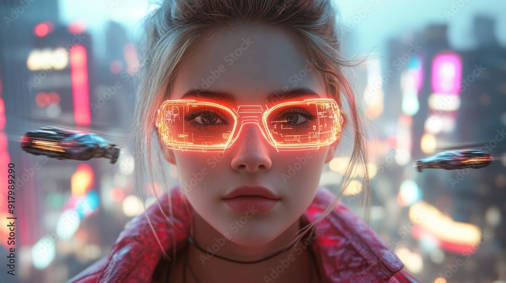 Futuristic woman with neon glasses generative ai Futuristic woman with neon glasses generative ai