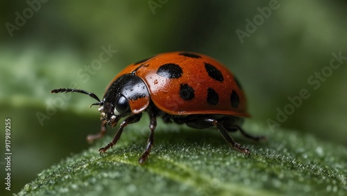 focus photo of ladybug on leaf made by AI generative