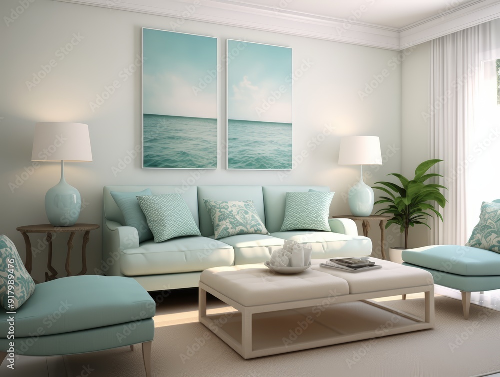 Fototapeta premium Modern living room with light blue sofa, white coffee table and two framed seascape pictures.