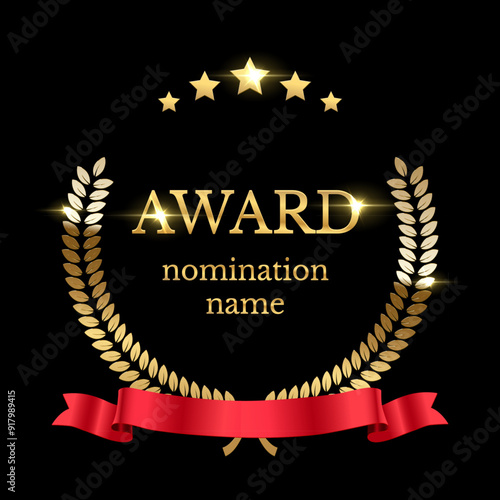 Gold laurel wreath with red ribbon, stars and place for name of winner. Award icon. Champion reward. 3d realistic luxury leadership prize for awarding ceremony, competition, championship, best player.