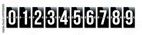 Countdown numbers. Counter of all numbers from zero to nine. Flip board vector illustration. Scoreboard of flights in airport terminal. Time of arrival, departure. Realistic analog timetable.