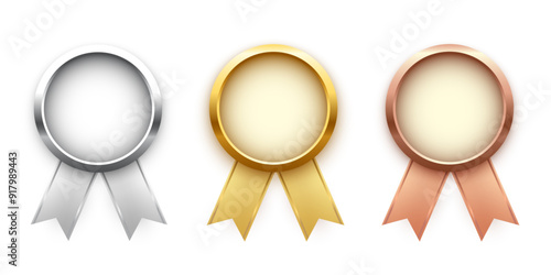 Medals for first, second, third place with ribbons. Gold, silver and bronze ranks on white background. Award nomination. Championship in sport or movie vector illustration.