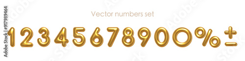 Birthday golden balloon numbers isolated on white background. Set of gold yellow isolated numbers. Bright metallic 3D realistic vector design elements for anniversary, celebration, party, sale.