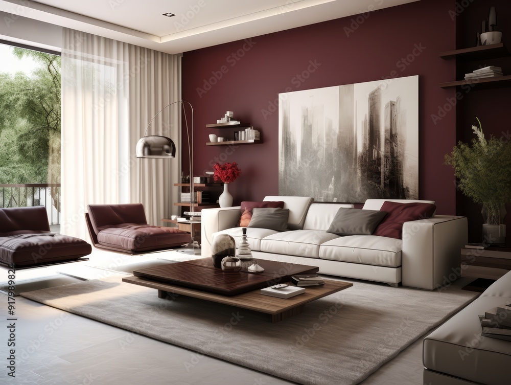 Fototapeta premium Modern living room with white sofa, brown leather armchairs, a wooden coffee table, a rug, and burgundy walls.
