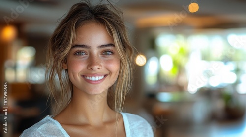 Smiling young woman in natural light - generative ai