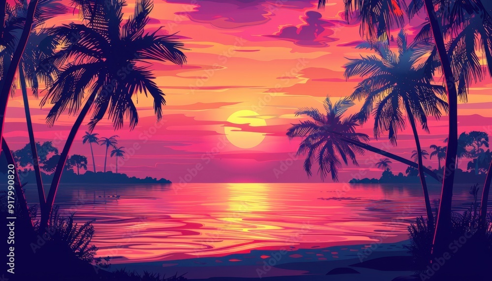 Vibrant Sunset Over Calm Ocean With Silhouetted Palm Trees at Twilight Vibrant Sunset Over Calm Ocean With Silhouetted Palm Trees at Twilight