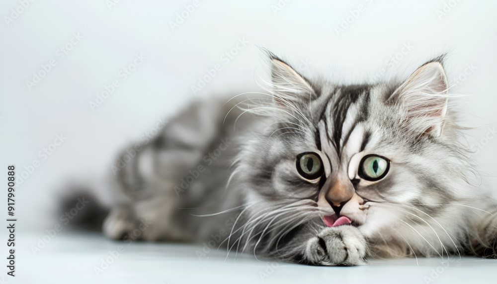 Funny large longhair gray kitten with beautiful big green eyes lying on white table. Lovely fluffy cat licking lips. Free space for text Funny large longhair gray kitten with beautiful big green eyes lying on white table. Lovely fluffy cat licking lips. Free space for text