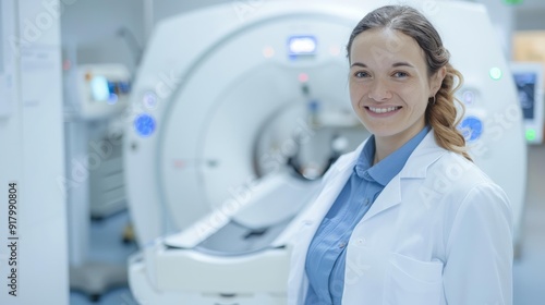 young woman radiologist technologist portrait inside an mri ultrasound scan theatre, healthcare expertise, copy space