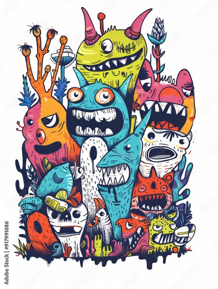Fototapeta premium Doodle Art Illustration for Merchandise Clothing, Fashion Textile, Sport Apparel and Clothes Design Printing, Street Art Graffiti Pattern, Colorful Streetwear Design Bundle.