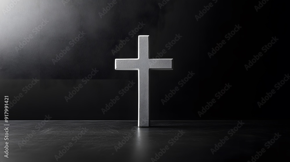 Naklejka premium Minimalist plain black background with a white cross, featuring a solid gray backdrop for product photography with soft lighting and no shadows