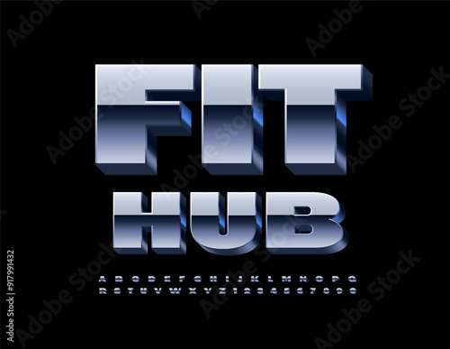 Vector iron icon Fit Hub. Metallic 3D Font. Bold Steel Alphabet Letters and Numbers set.