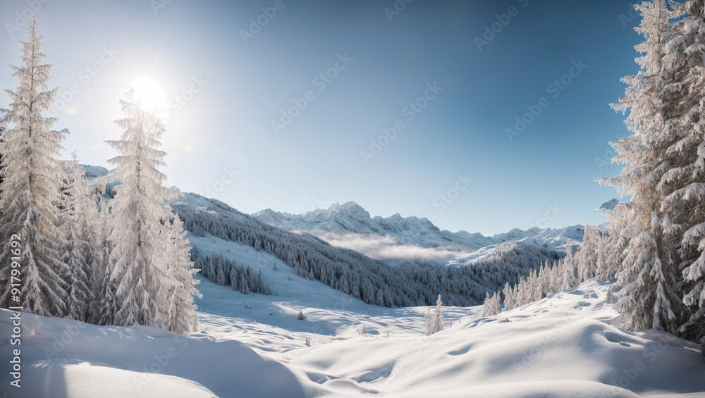 Snowy Mountain Serenity: A breathtaking winter landscape with snow-covered fir trees reaching towards a vibrant blue sky, bathed in the warm glow of the sun. This tranquil scene evokes a sense of peac Snowy Mountain Serenity: A breathtaking winter landscape with snow-covered fir trees reaching towards a vibrant blue sky, bathed in the warm glow of the sun. This tranquil scene evokes a sense of peac