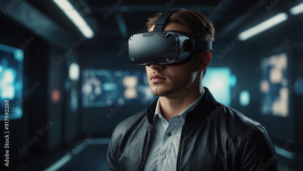 photo of a man using virtual reality with a future background made by AI generative photo of a man using virtual reality with a future background made by AI generative