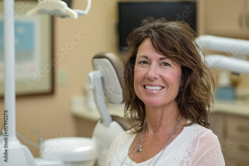 Wallpaper Mural A smiling woman sits in a dental chair, looking happy and relaxed. She has healthy, white teeth. The image conveys a sense of trust and comfort in a dental setting. Torontodigital.ca