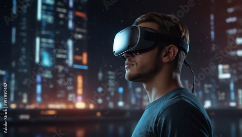 photo of a man using a virtual reality device made by AI generative