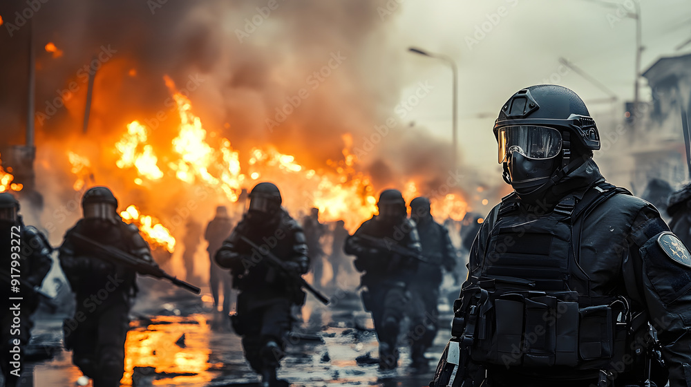 Apocalyptic scene with several riot police and fire in the background Apocalyptic scene with several riot police and fire in the background