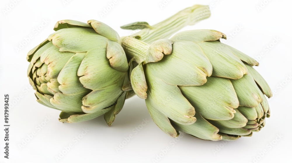 Two organic, healthy green artichokes are arranged together in a still life close-up detail on a white background. a diet rich in fresh produce and fruits. Two organic, healthy green artichokes are arranged together in a still life close-up detail on a white background. a diet rich in fresh produce and fruits.