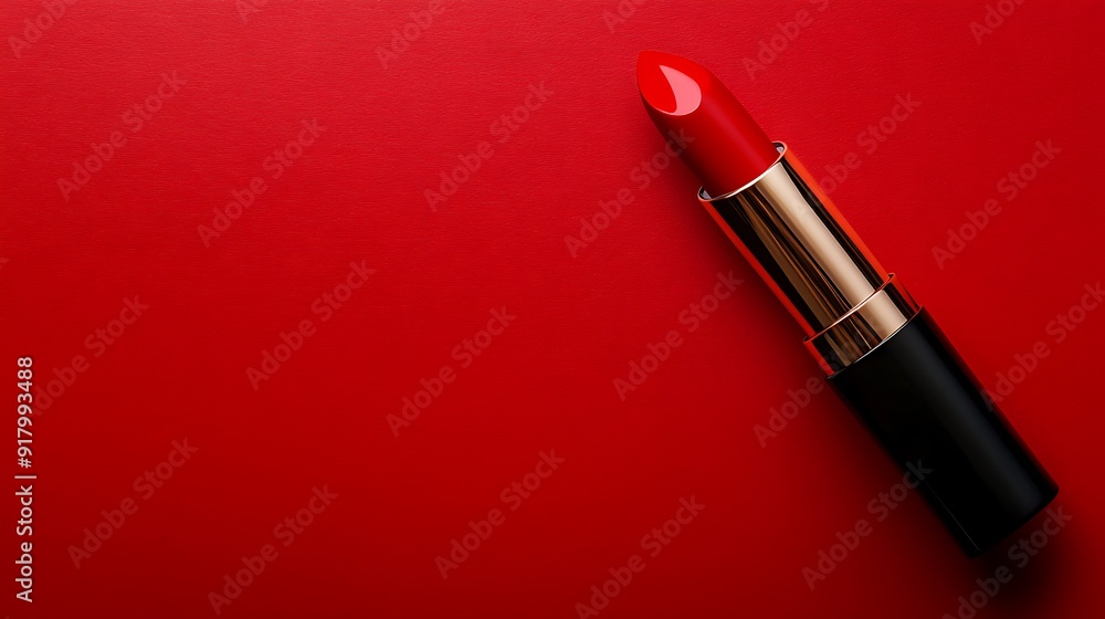 Obraz premium A vibrant red lipstick positioned against a matching red background, showcasing the essence of bold and vibrant makeup