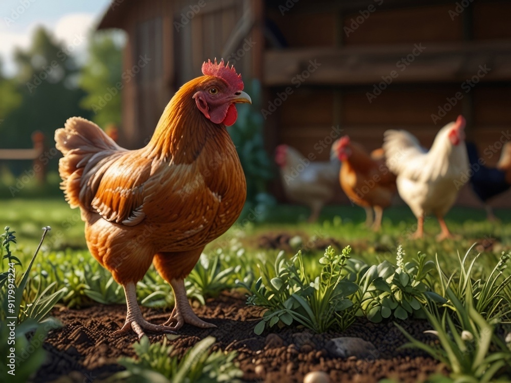 Fototapeta premium Rooster and chicken in the farm. AI generated.