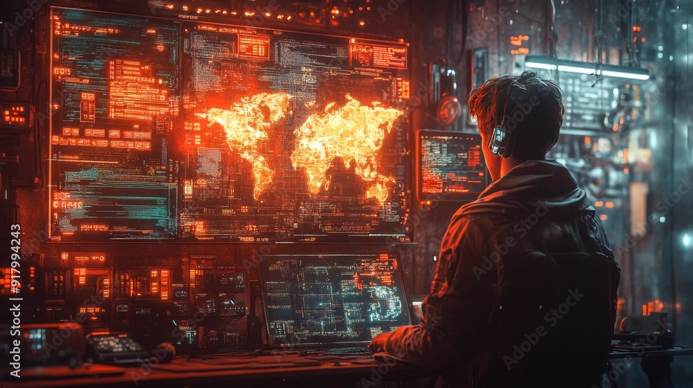 Cyber hacker analyzing global network - generative ai Cyber hacker analyzing global network - generative ai