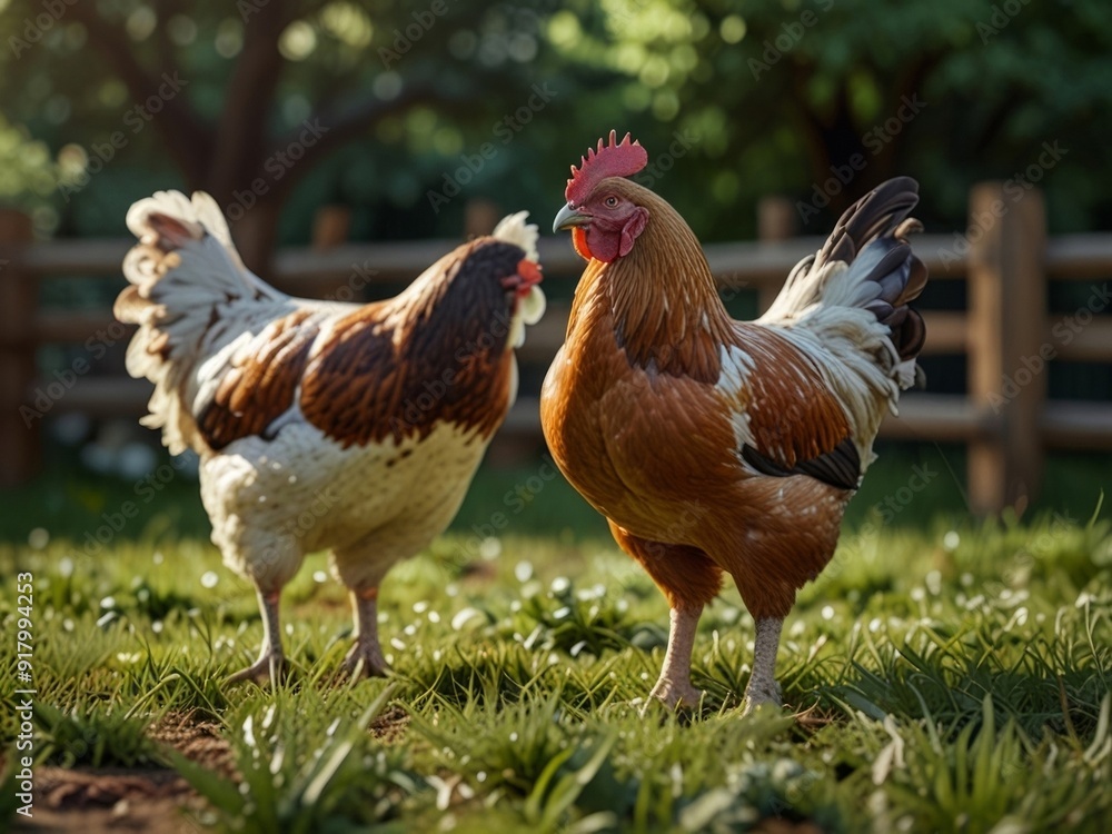 Fototapeta premium Rooster and chicken in the farm. AI generated.