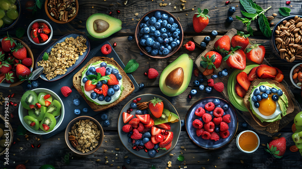 healthy food table top view featuring avocado toast, fresh fruits like strawberries and blueberries, bowls of yogurt with granola and nuts, directly above view, all arranged on a rustic wooden table. healthy food table top view featuring avocado toast, fresh fruits like strawberries and blueberries, bowls of yogurt with granola and nuts, directly above view, all arranged on a rustic wooden table.