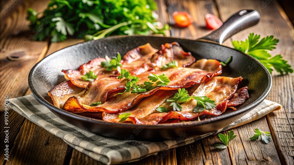Crisp, golden thick-cut bacon strips sizzle in a skillet, surrounded by aromatic herbs, fresh parsley, and a hint of morning sunlight, evoking a savory breakfast atmosphere. Crisp, golden thick-cut bacon strips sizzle in a skillet, surrounded by aromatic herbs, fresh parsley, and a hint of morning sunlight, evoking a savory breakfast atmosphere.