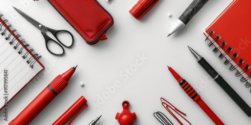 Blank note pad and colorful pencils, crayons, scissors and other school stuff on white background14
 photo