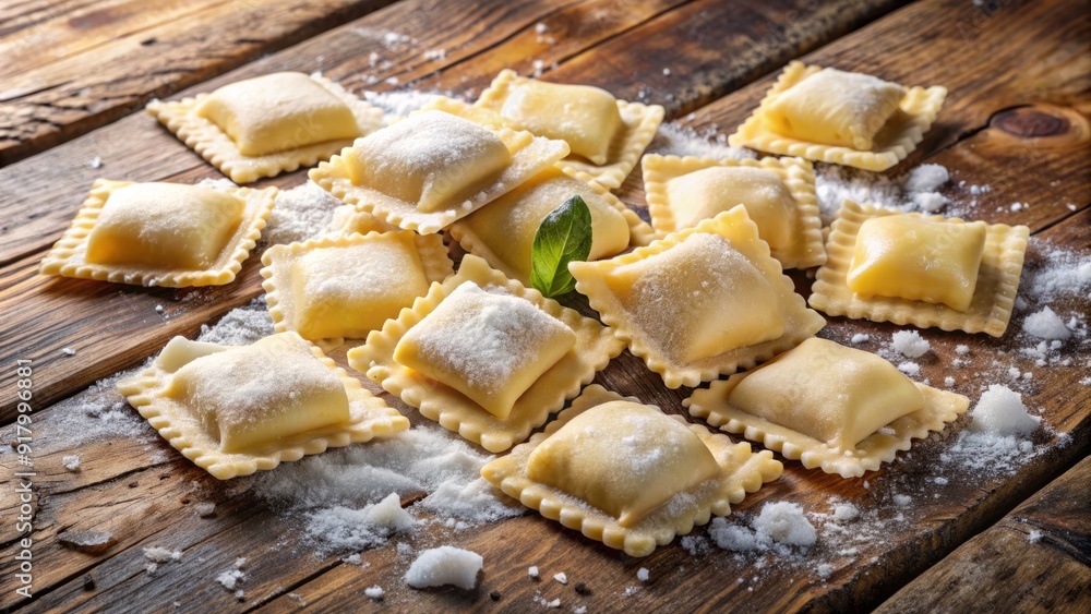 Delicate, cheese-filled ravioli pieces suspended in a frozen block of ice, awaiting cooking, on a rustic wooden table with a natural earthy tone background. Delicate, cheese-filled ravioli pieces suspended in a frozen block of ice, awaiting cooking, on a rustic wooden table with a natural earthy tone background.