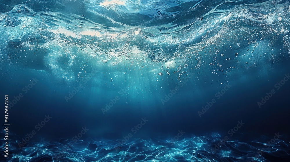 The dark blue sea surface seen from underwater The dark blue sea surface seen from underwater
