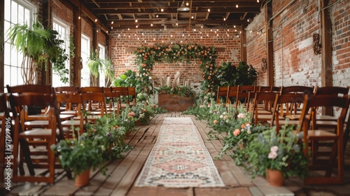 Elegant spring wedding ceremony with lush green plants and floral decorations