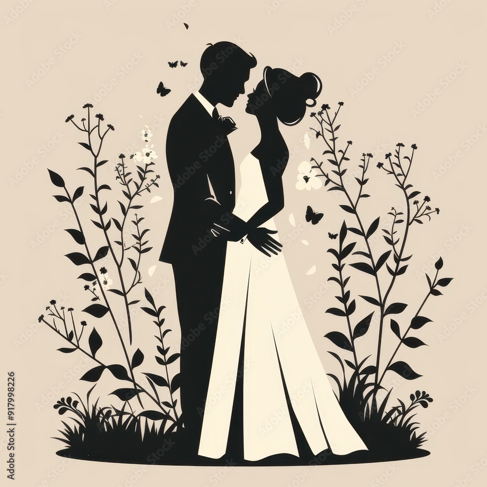 Silhouette of a Bride and Groom Embracing Amidst Floral Foliage Silhouette of a Bride and Groom Embracing Amidst Floral Foliage
