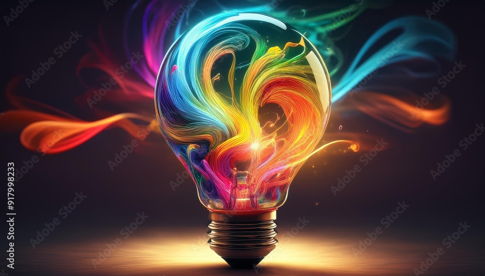 A vibrant light bulb surrounded by colorful swirls of smoke, symbolizing creativity and innovative ideas in a dynamic way. A vibrant light bulb surrounded by colorful swirls of smoke, symbolizing creativity and innovative ideas in a dynamic way.