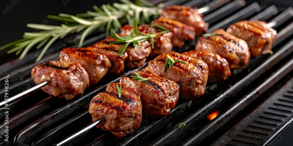 Meat Kebabs with Rosemary on Grill – Black Background Meat Kebabs with Rosemary on Grill – Black Background